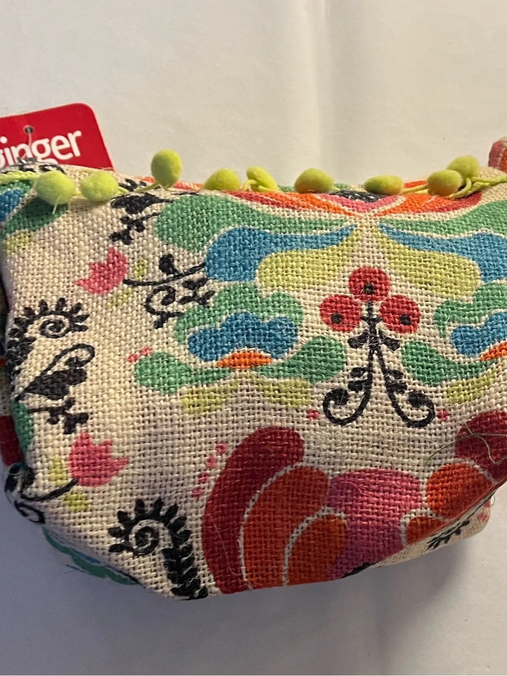 Floral Canvas Pouch with Pom Trim - Multicolor